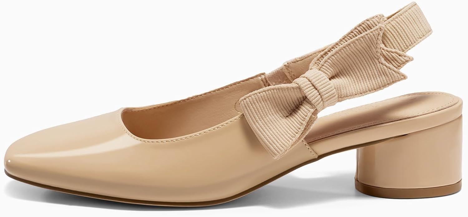image:imageCoutgo Womens Slingback Chunky Heels Bow Closed Square Toe Slip On Work Pumps Dress ShoesNude