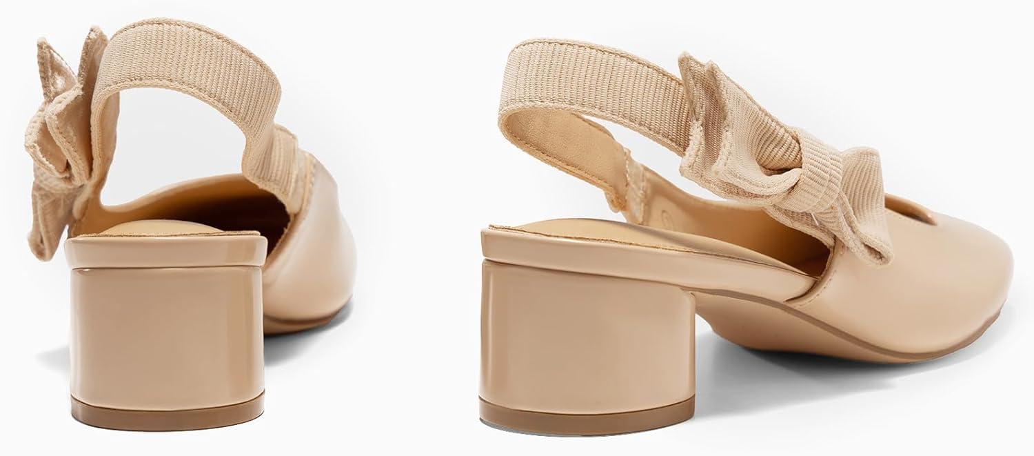 image:imageCoutgo Womens Slingback Chunky Heels Bow Closed Square Toe Slip On Work Pumps Dress ShoesNude