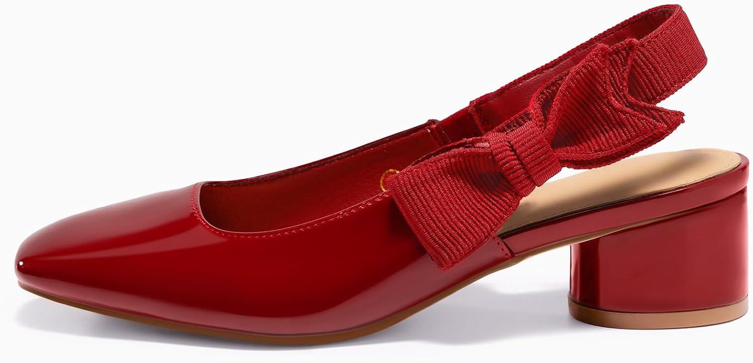 image:imageCoutgo Womens Slingback Chunky Heels Bow Closed Square Toe Slip On Work Pumps Dress ShoesRed