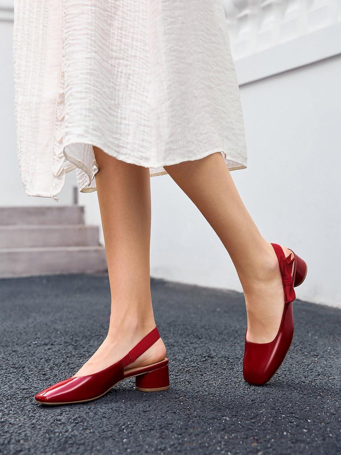 image:imageCoutgo Womens Slingback Chunky Heels Bow Closed Square Toe Slip On Work Pumps Dress ShoesRed
