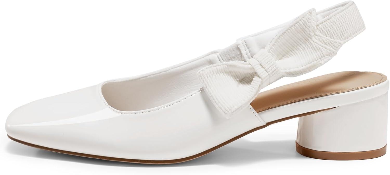 image:imageCoutgo Womens Slingback Chunky Heels Bow Closed Square Toe Slip On Work Pumps Dress ShoesWhite
