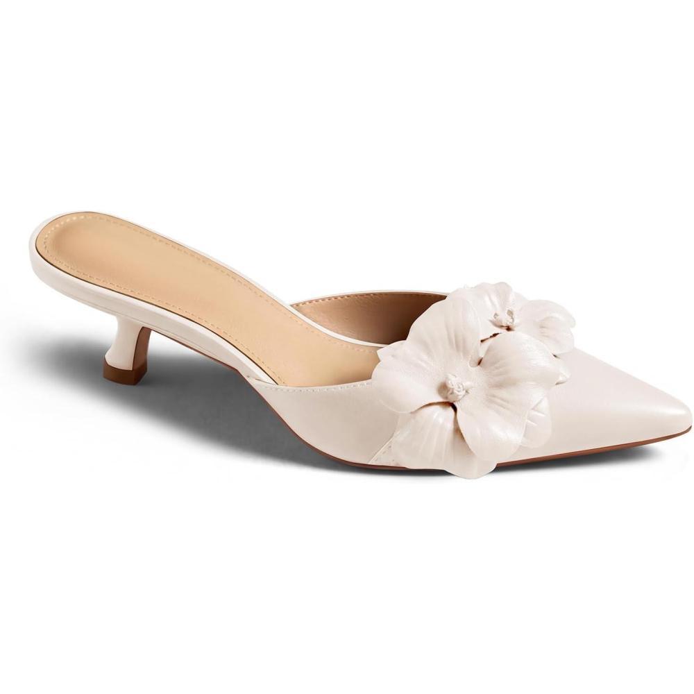 image:imageCoutgo Womens Kitten Heels Mules Low Heel Closed Pointed Toe Dressy Shoes Flower Slip On Party Pump ShoesBeige