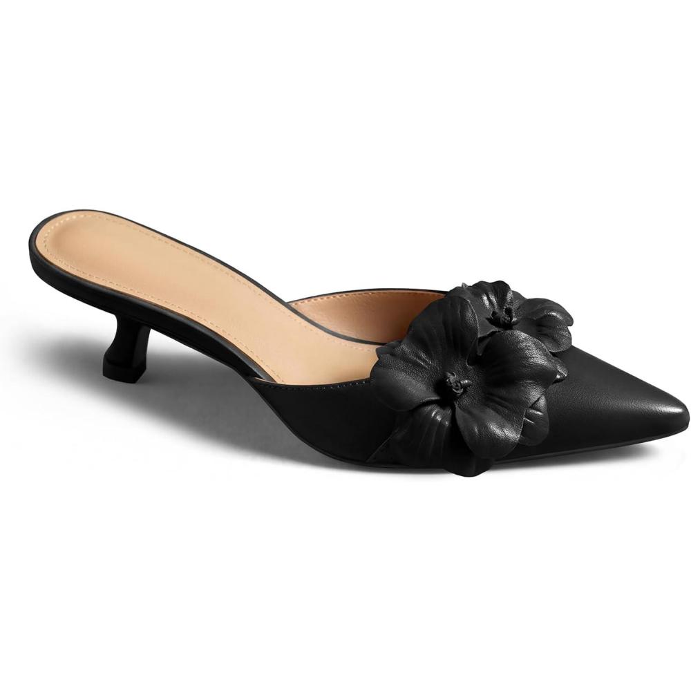 image:imageCoutgo Womens Kitten Heels Mules Low Heel Closed Pointed Toe Dressy Shoes Flower Slip On Party Pump ShoesBlack