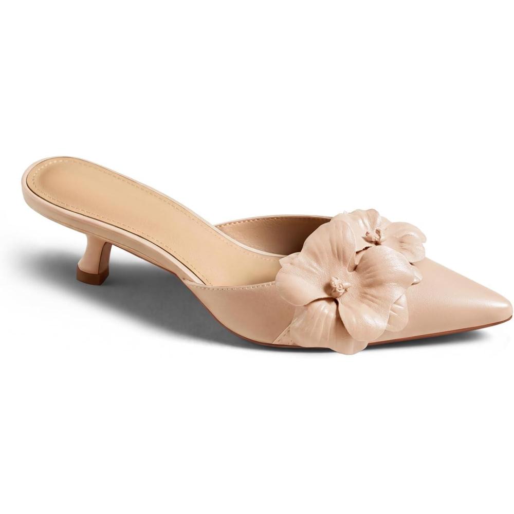 image:imageCoutgo Womens Kitten Heels Mules Low Heel Closed Pointed Toe Dressy Shoes Flower Slip On Party Pump ShoesLight Khaki