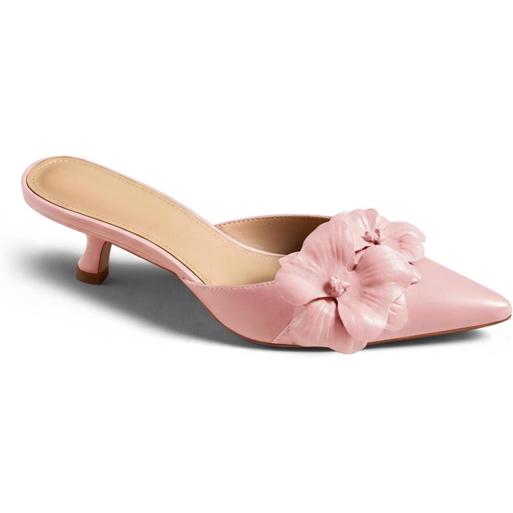image:imageCoutgo Womens Kitten Heels Mules Low Heel Closed Pointed Toe Dressy Shoes Flower Slip On Party Pump ShoesPink