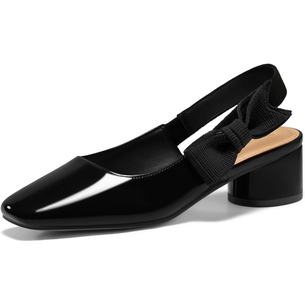 image:imageCoutgo Womens Slingback Chunky Heels Bow Closed Square Toe Slip On Work Pumps Dress ShoesBlack