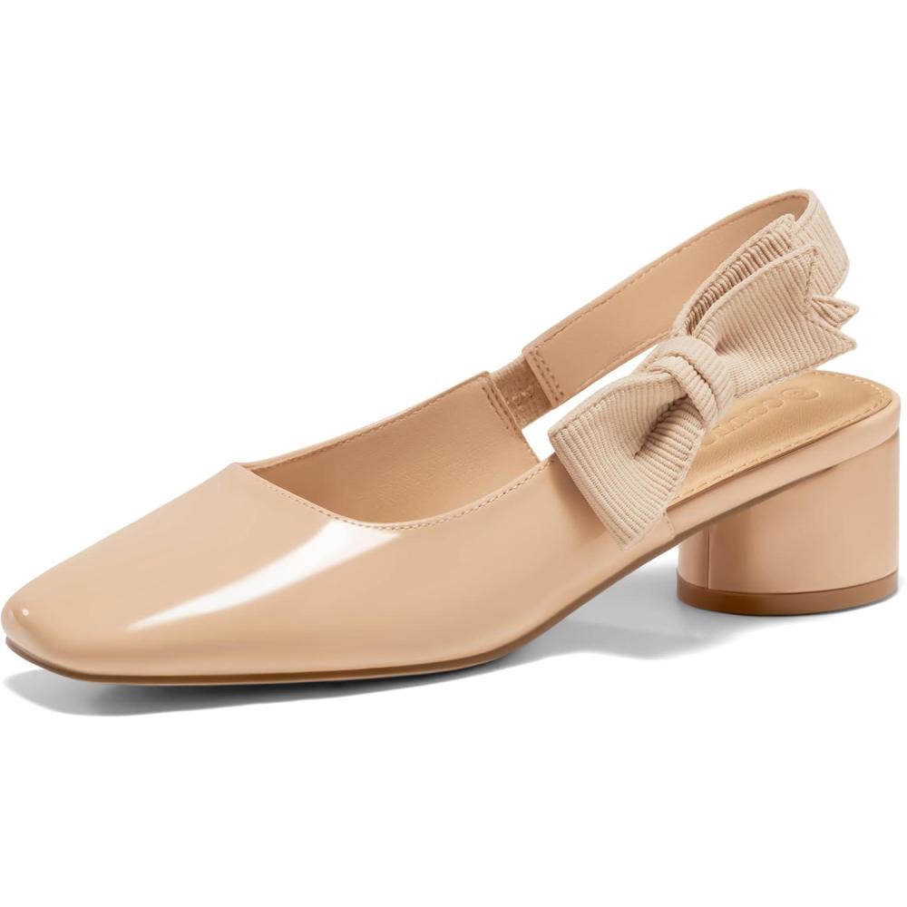 image:imageCoutgo Womens Slingback Chunky Heels Bow Closed Square Toe Slip On Work Pumps Dress ShoesNude