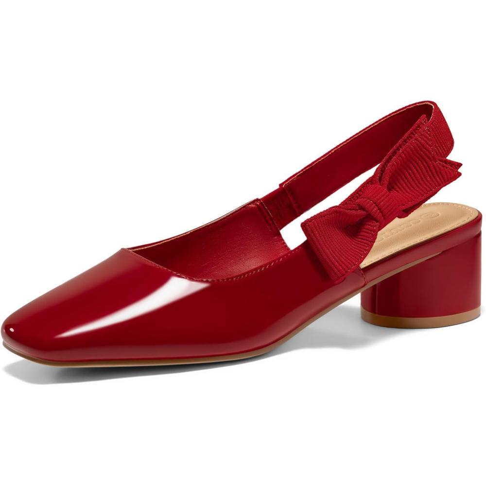 image:imageCoutgo Womens Slingback Chunky Heels Bow Closed Square Toe Slip On Work Pumps Dress ShoesRed