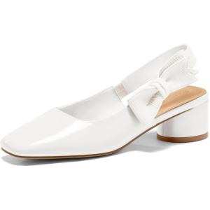 Coutgo Women’s Slingback Chunky Heels Bow Closed Square Toe Slip On Work Pumps Dress Shoes(White)