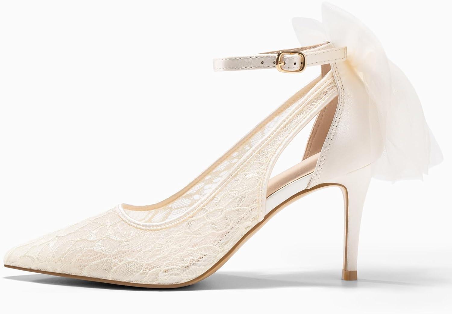 image:imageCoutgo Womens Lace High Heels Closed Pointed Toe Stiletto Pumps Bow Tie Ankle Strap Wedding Party Dress ShoesBeige