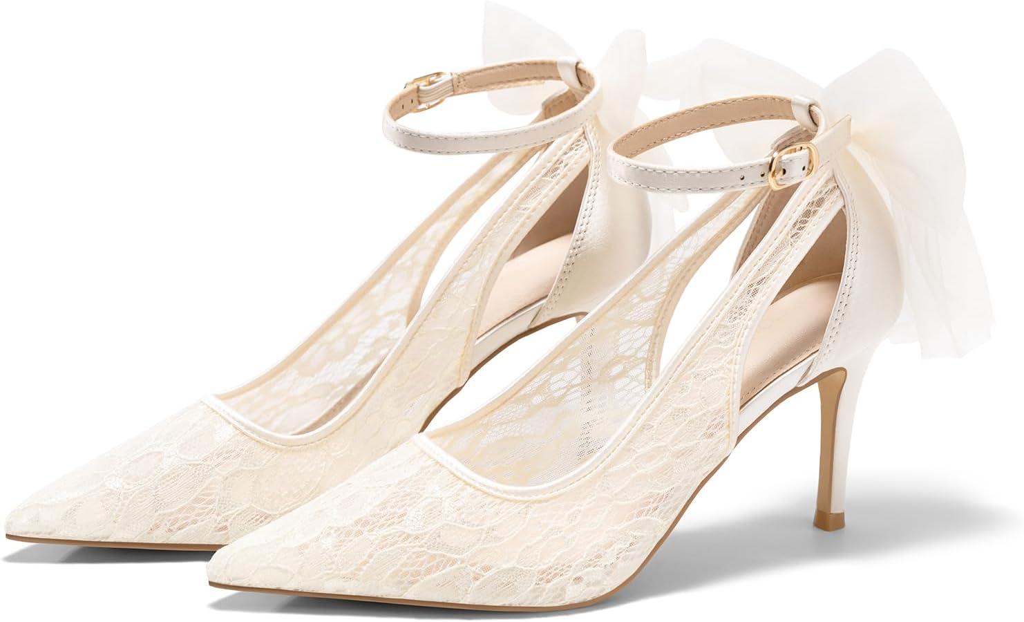 image:imageCoutgo Womens Lace High Heels Closed Pointed Toe Stiletto Pumps Bow Tie Ankle Strap Wedding Party Dress ShoesBeige