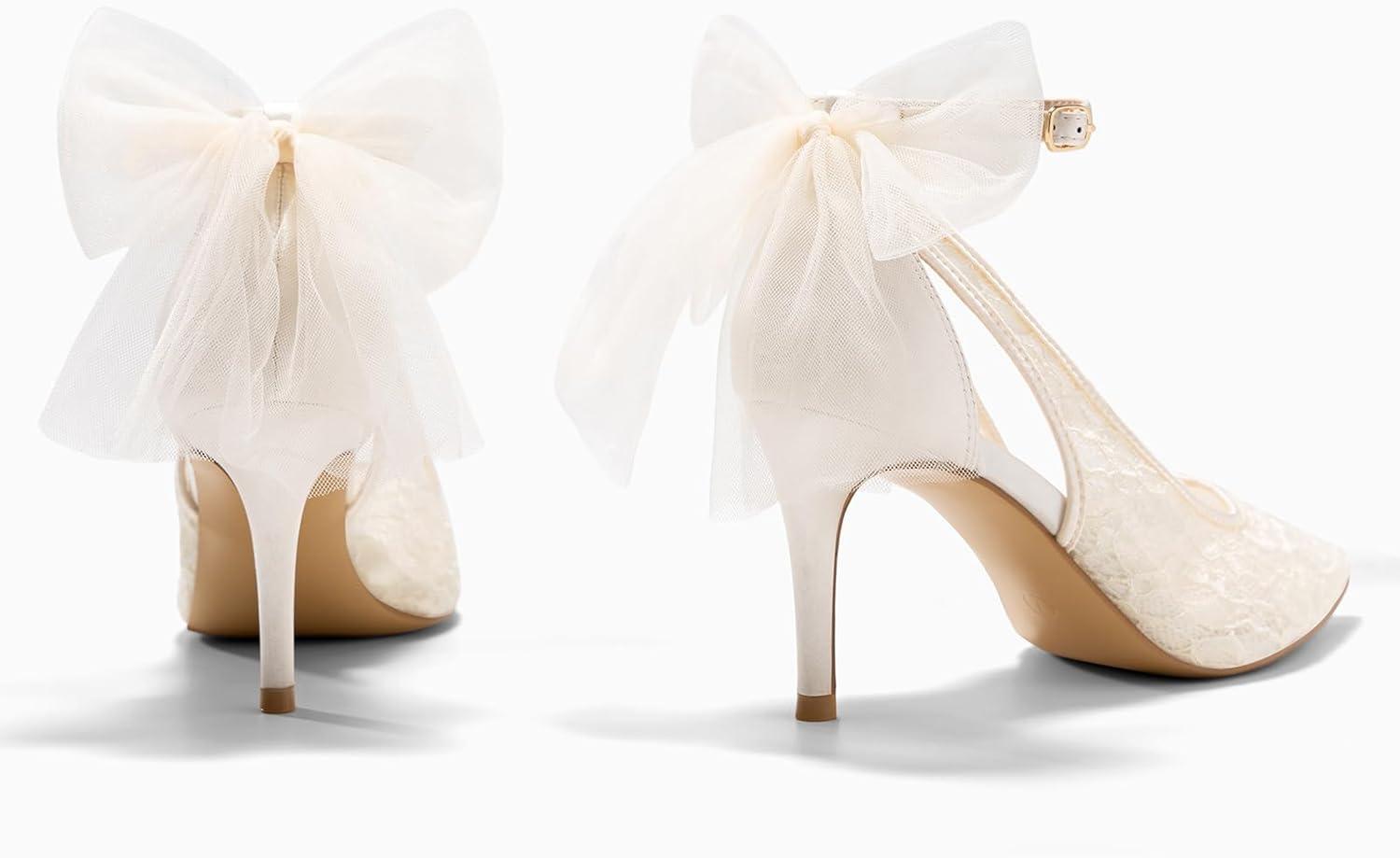 image:imageCoutgo Womens Lace High Heels Closed Pointed Toe Stiletto Pumps Bow Tie Ankle Strap Wedding Party Dress ShoesBeige