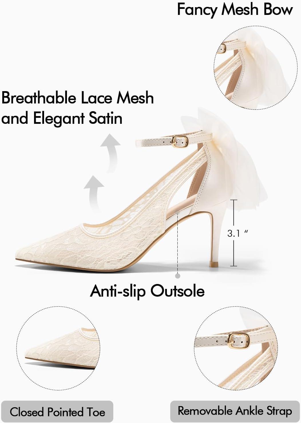 image:imageCoutgo Womens Lace High Heels Closed Pointed Toe Stiletto Pumps Bow Tie Ankle Strap Wedding Party Dress ShoesBeige