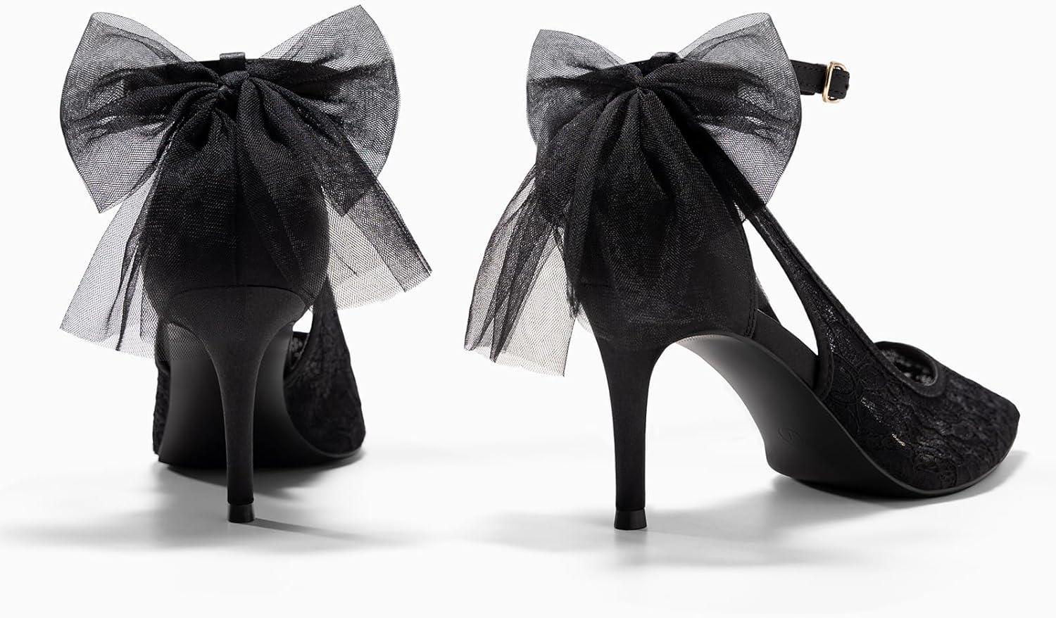 image:imageCoutgo Womens Lace High Heels Closed Pointed Toe Stiletto Pumps Bow Tie Ankle Strap Wedding Party Dress ShoesBlack