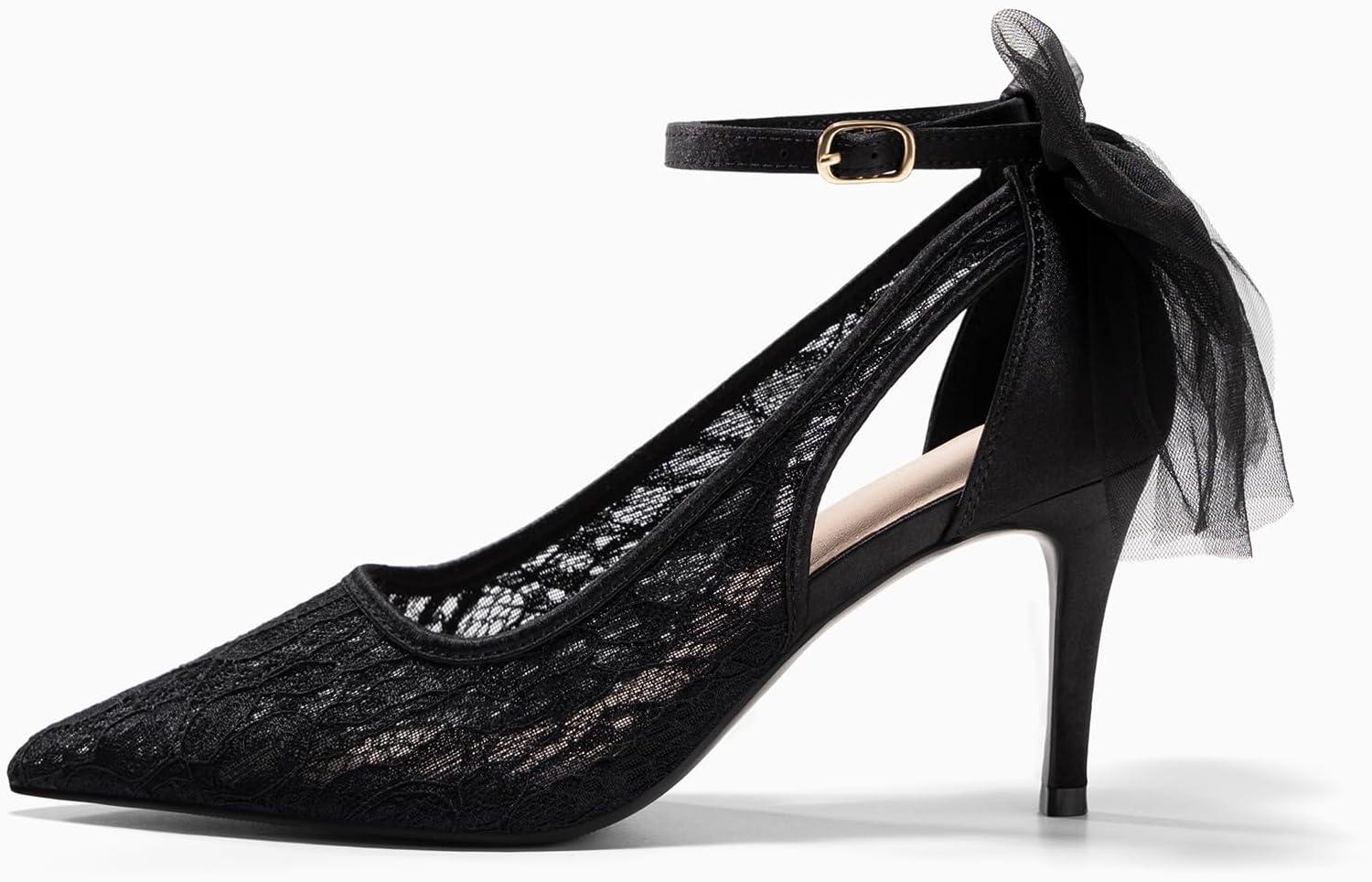 image:imageCoutgo Womens Lace High Heels Closed Pointed Toe Stiletto Pumps Bow Tie Ankle Strap Wedding Party Dress ShoesBlack
