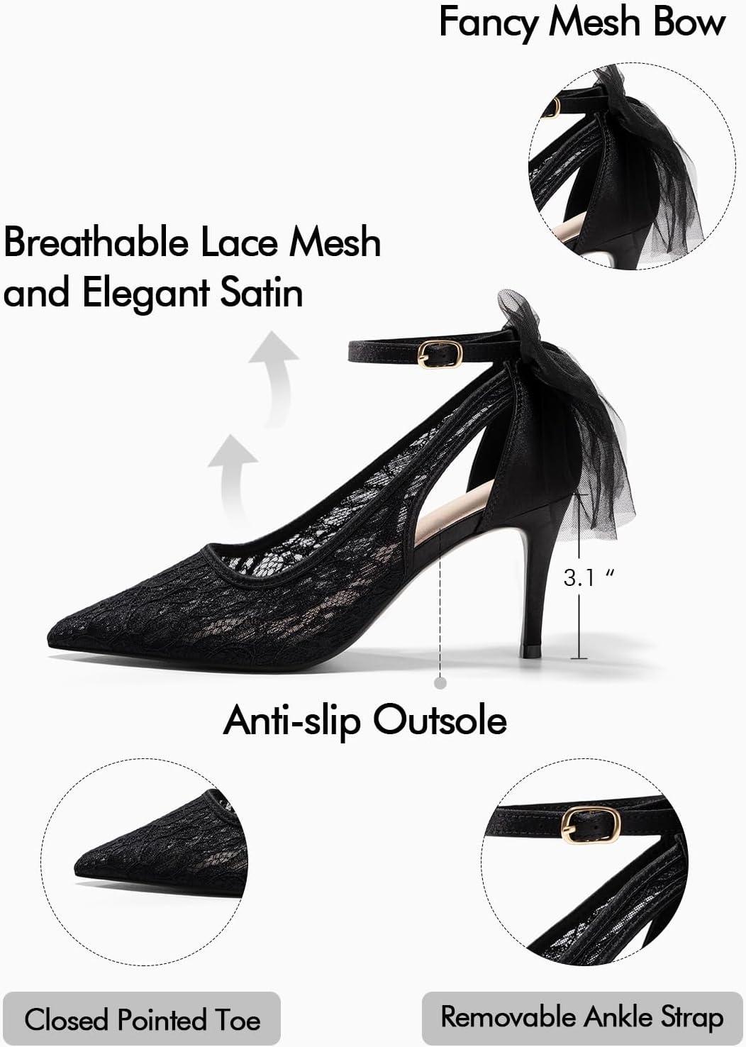 image:imageCoutgo Womens Lace High Heels Closed Pointed Toe Stiletto Pumps Bow Tie Ankle Strap Wedding Party Dress ShoesBlack