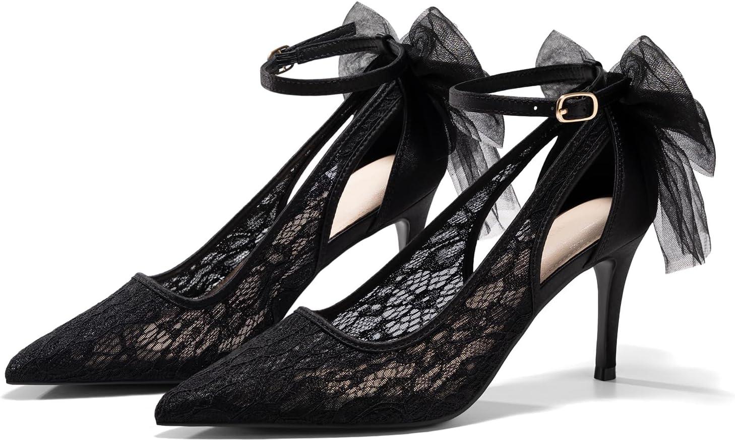 image:imageCoutgo Womens Lace High Heels Closed Pointed Toe Stiletto Pumps Bow Tie Ankle Strap Wedding Party Dress ShoesBlack