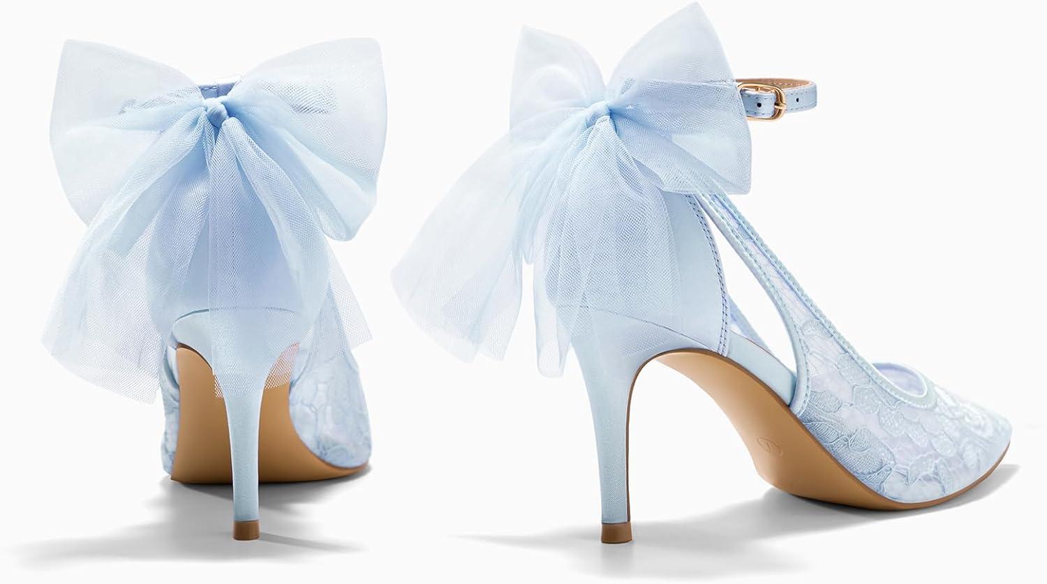 image:imageCoutgo Womens Lace High Heels Closed Pointed Toe Stiletto Pumps Bow Tie Ankle Strap Wedding Party Dress ShoesBlue