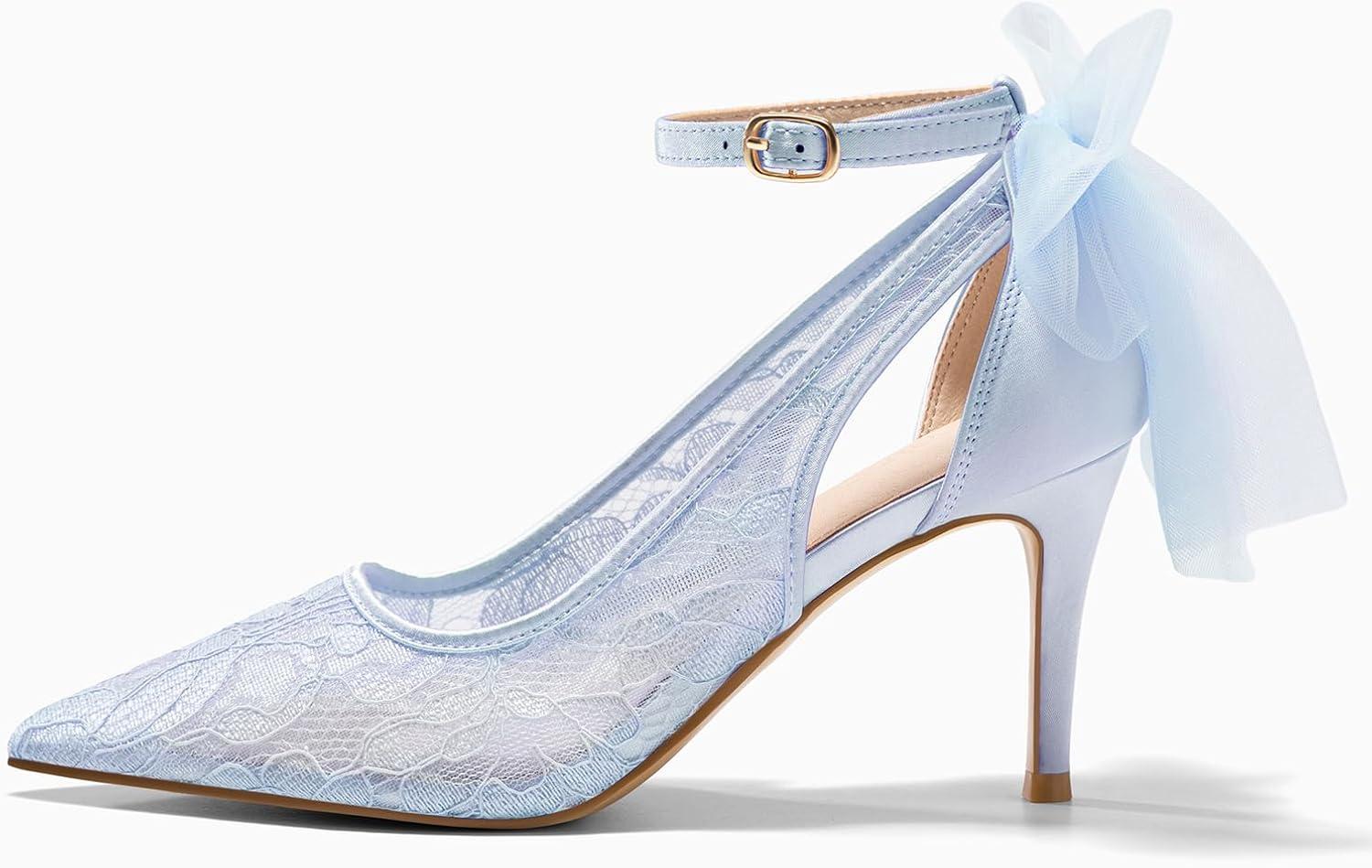 image:imageCoutgo Womens Lace High Heels Closed Pointed Toe Stiletto Pumps Bow Tie Ankle Strap Wedding Party Dress ShoesBlue