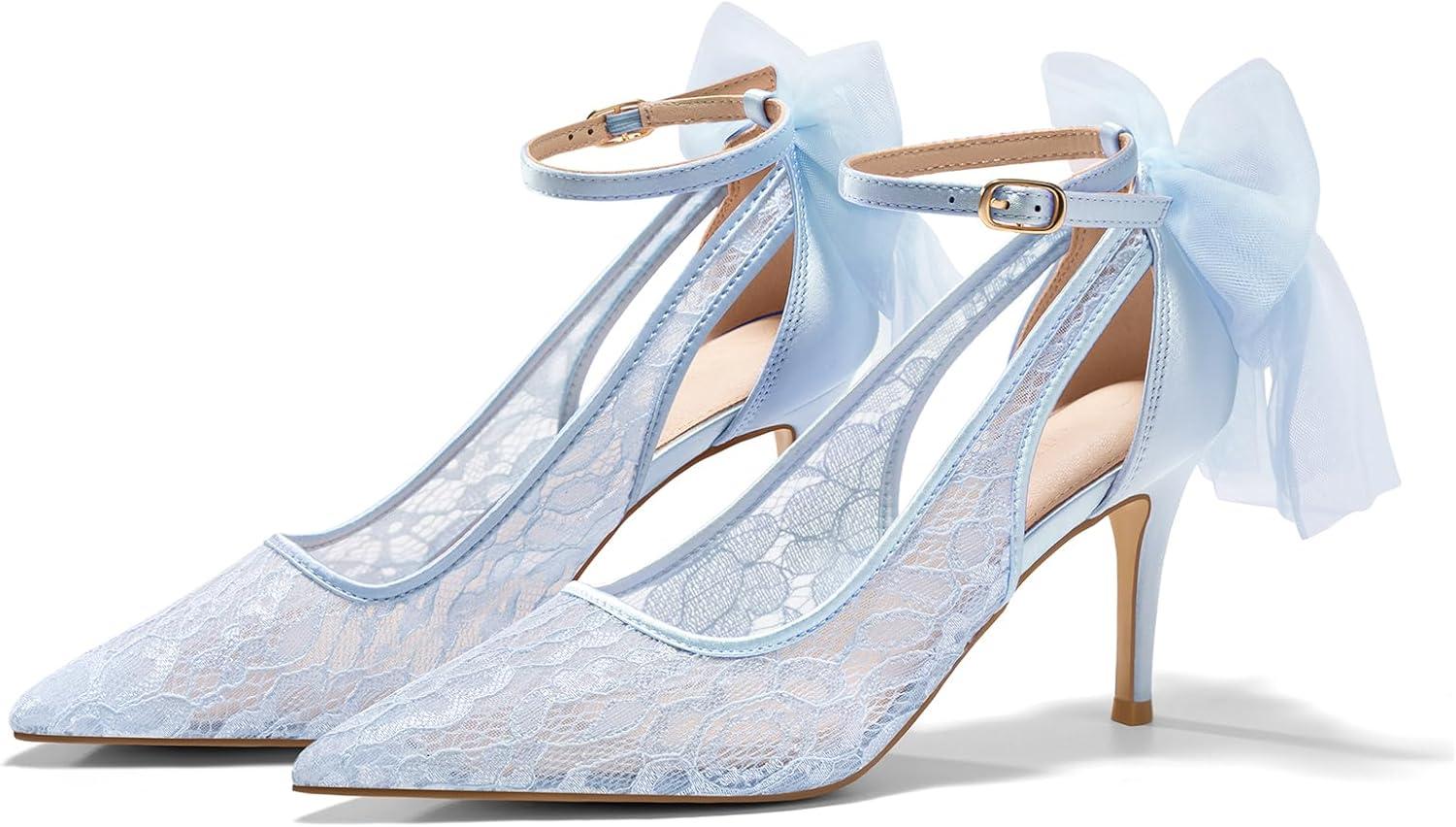 image:imageCoutgo Womens Lace High Heels Closed Pointed Toe Stiletto Pumps Bow Tie Ankle Strap Wedding Party Dress ShoesBlue