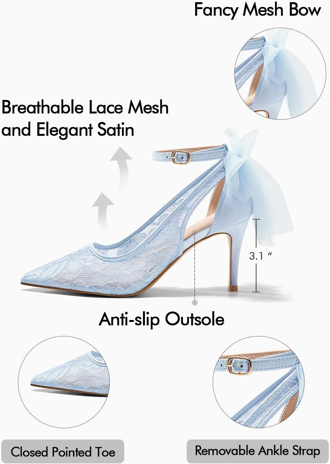 image:imageCoutgo Womens Lace High Heels Closed Pointed Toe Stiletto Pumps Bow Tie Ankle Strap Wedding Party Dress ShoesBlue