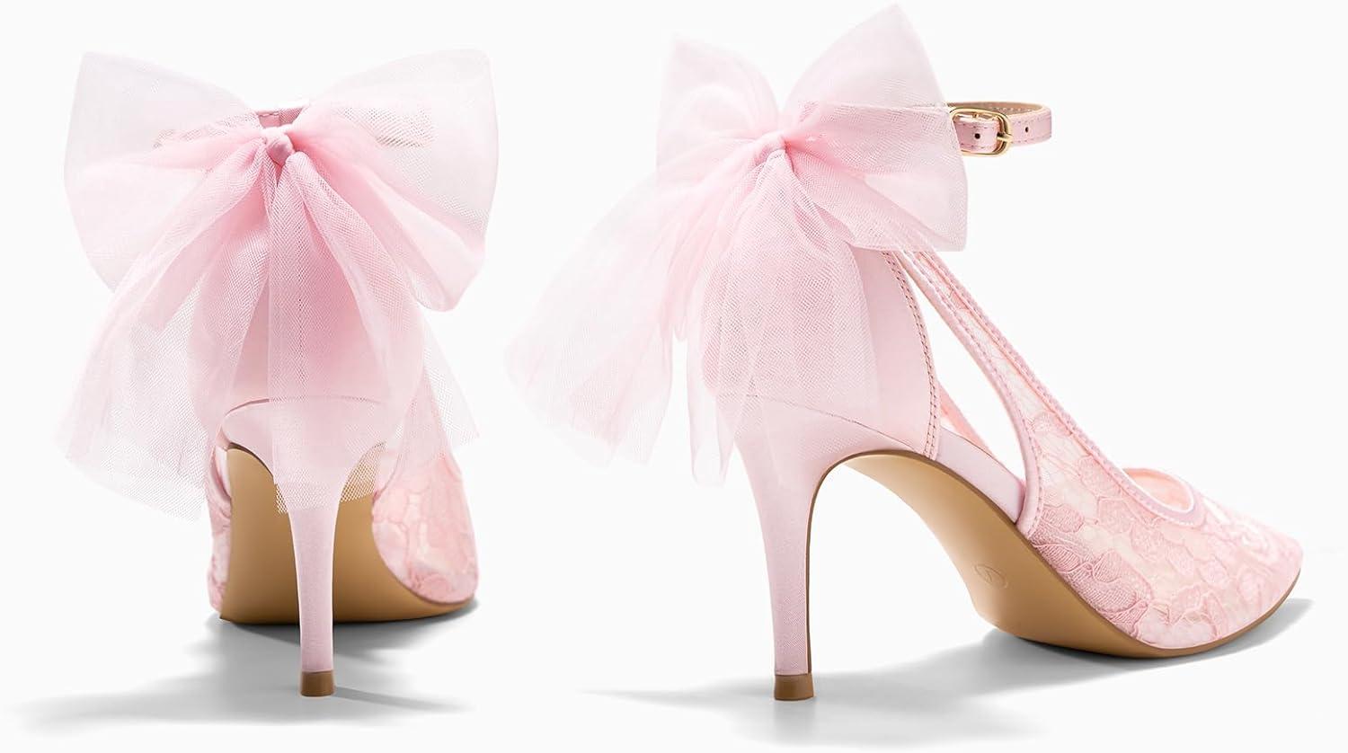 image:imageCoutgo Womens Lace High Heels Closed Pointed Toe Stiletto Pumps Bow Tie Ankle Strap Wedding Party Dress ShoesPink