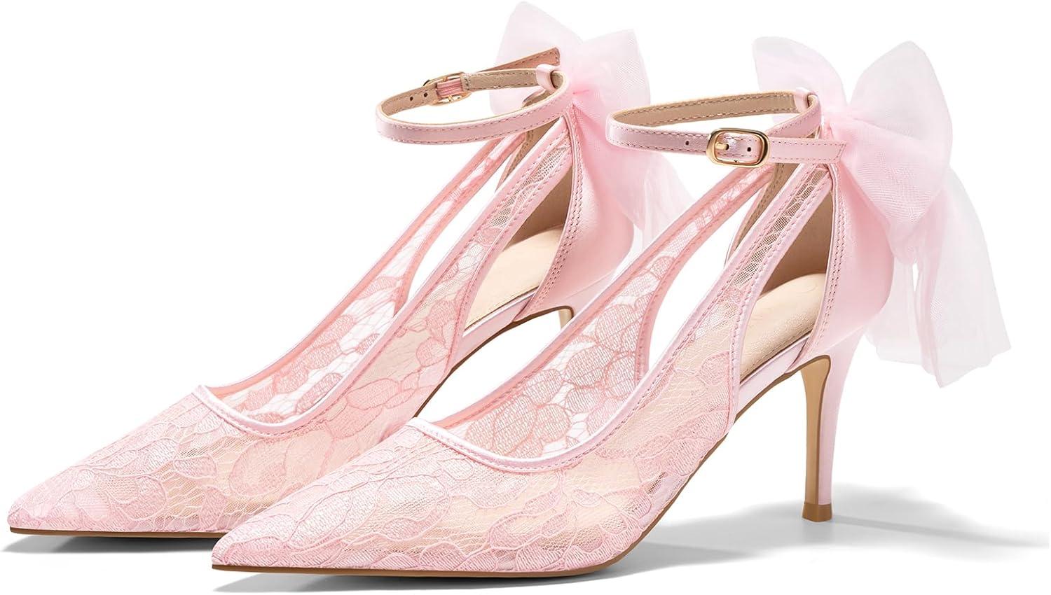 image:imageCoutgo Womens Lace High Heels Closed Pointed Toe Stiletto Pumps Bow Tie Ankle Strap Wedding Party Dress ShoesPink