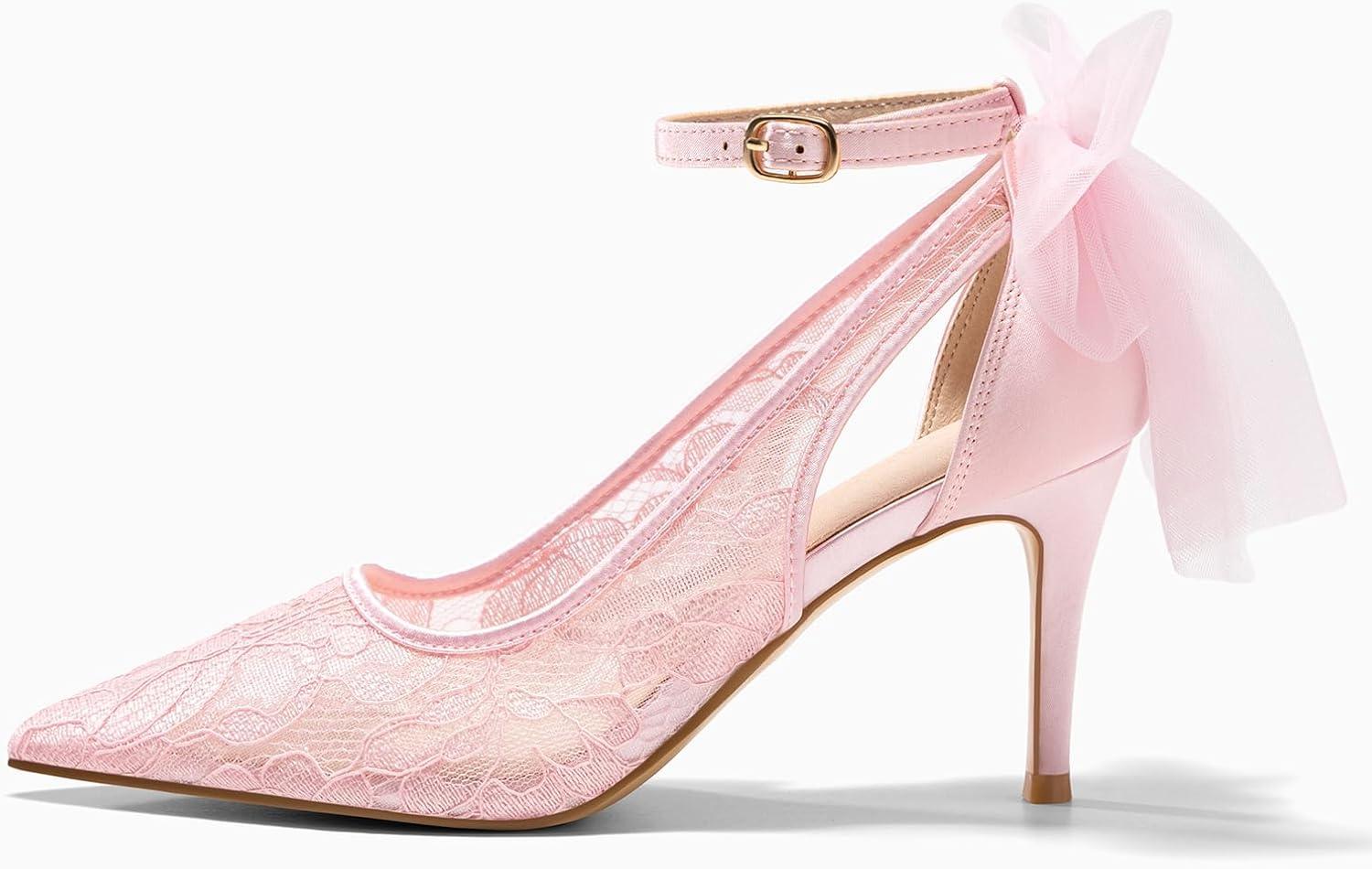 image:imageCoutgo Womens Lace High Heels Closed Pointed Toe Stiletto Pumps Bow Tie Ankle Strap Wedding Party Dress ShoesPink