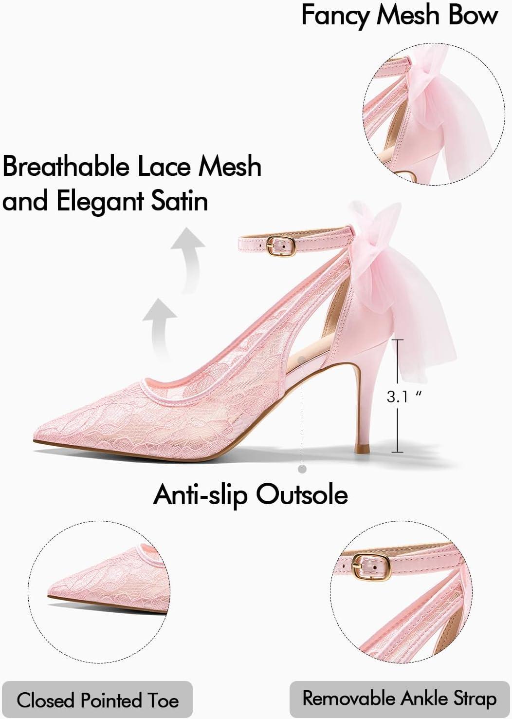 image:imageCoutgo Womens Lace High Heels Closed Pointed Toe Stiletto Pumps Bow Tie Ankle Strap Wedding Party Dress ShoesPink