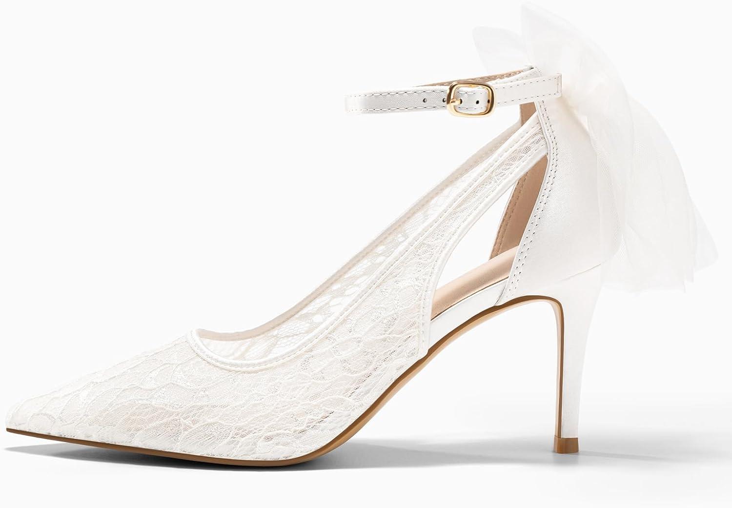 image:imageCoutgo Womens Lace High Heels Closed Pointed Toe Stiletto Pumps Bow Tie Ankle Strap Wedding Party Dress ShoesWhite
