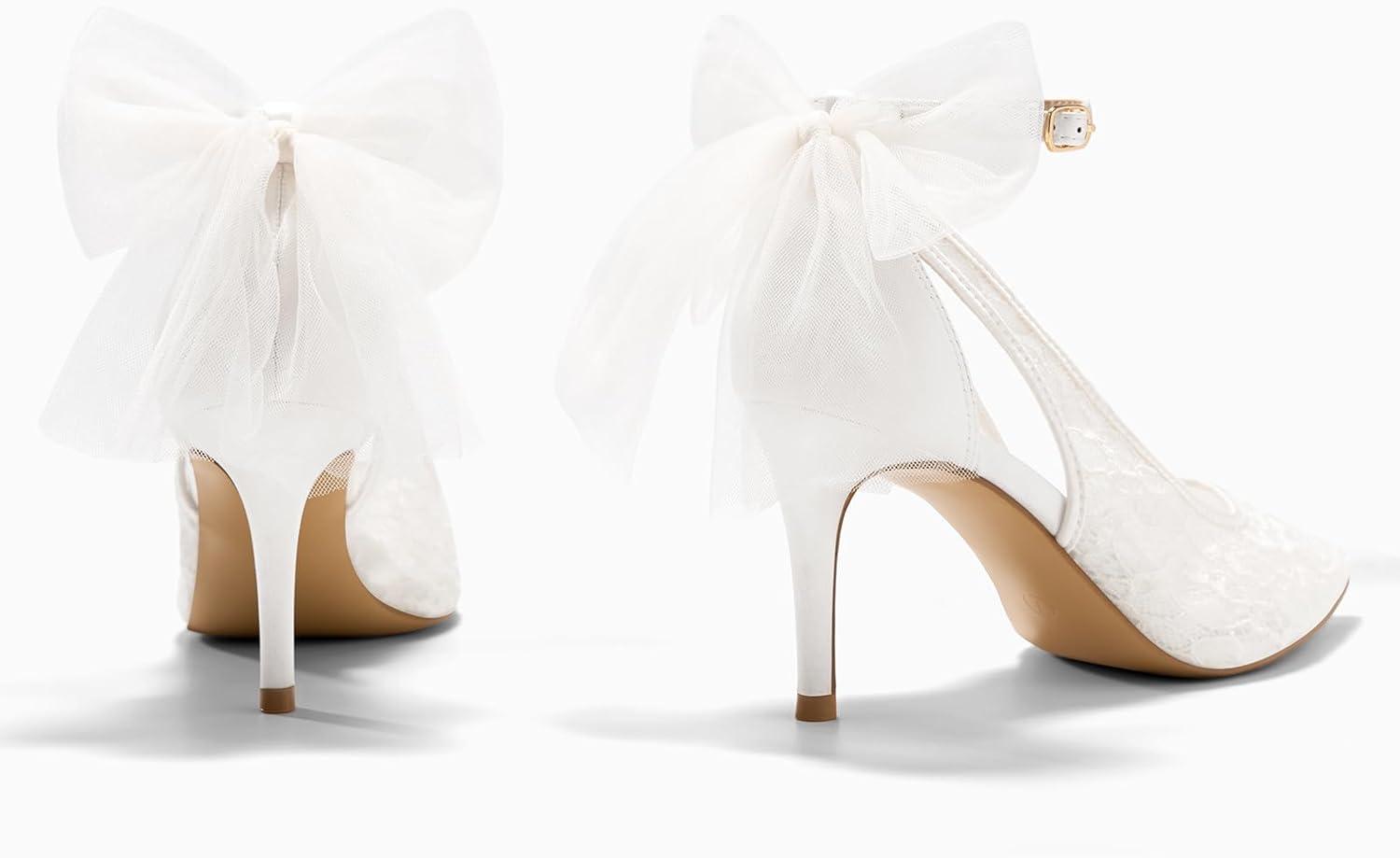 image:imageCoutgo Womens Lace High Heels Closed Pointed Toe Stiletto Pumps Bow Tie Ankle Strap Wedding Party Dress ShoesWhite