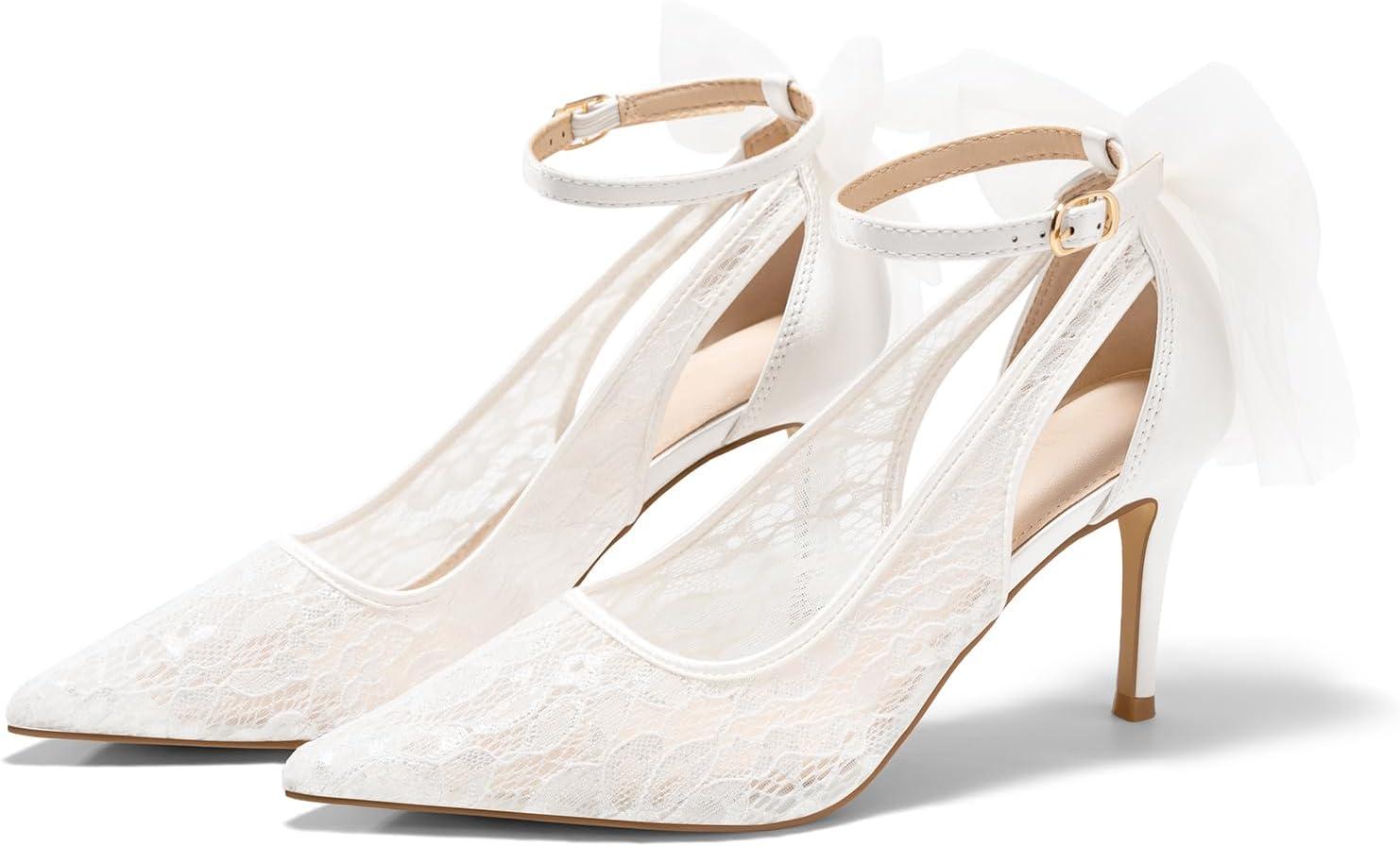image:imageCoutgo Womens Lace High Heels Closed Pointed Toe Stiletto Pumps Bow Tie Ankle Strap Wedding Party Dress ShoesWhite