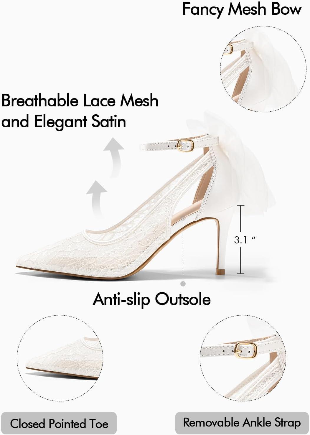 image:imageCoutgo Womens Lace High Heels Closed Pointed Toe Stiletto Pumps Bow Tie Ankle Strap Wedding Party Dress ShoesWhite
