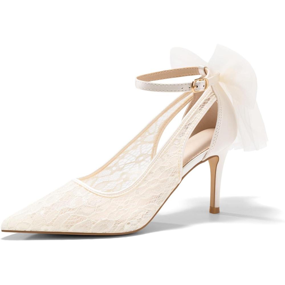 image:imageCoutgo Womens Lace High Heels Closed Pointed Toe Stiletto Pumps Bow Tie Ankle Strap Wedding Party Dress ShoesBeige