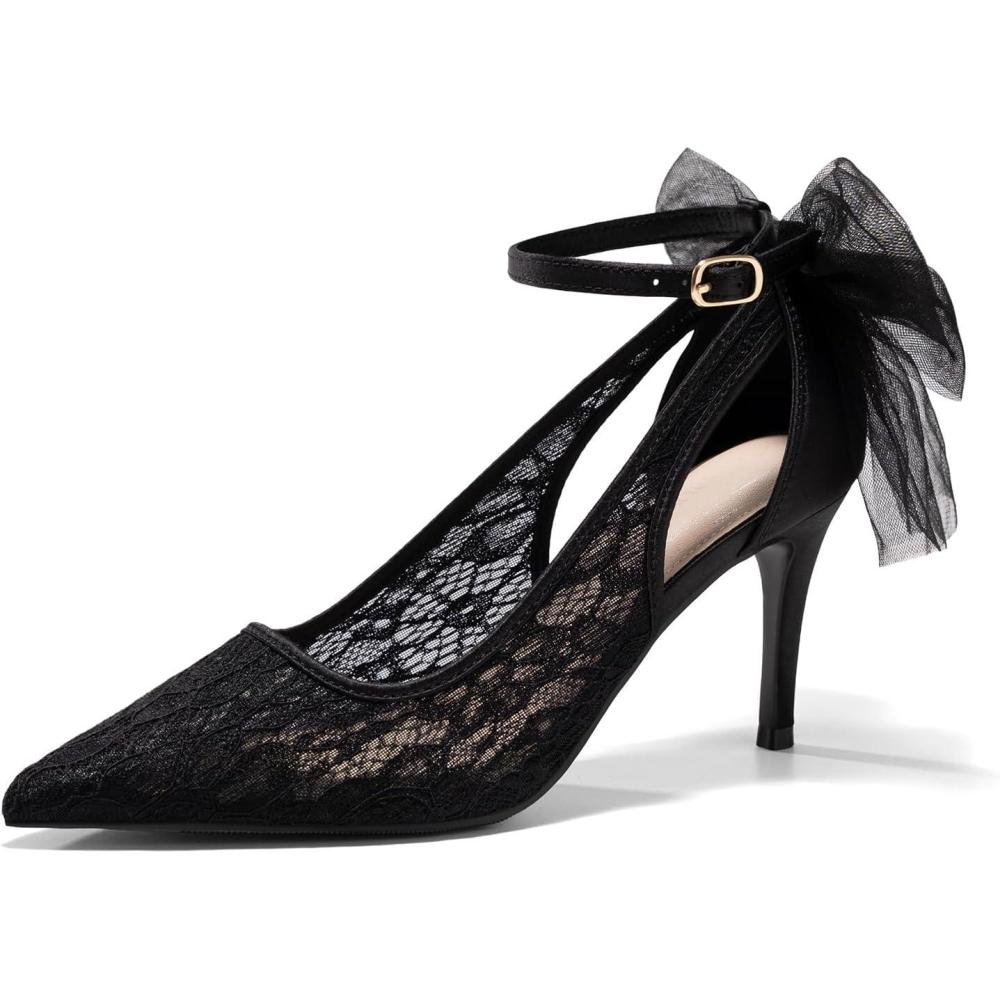 image:imageCoutgo Womens Lace High Heels Closed Pointed Toe Stiletto Pumps Bow Tie Ankle Strap Wedding Party Dress ShoesBlack