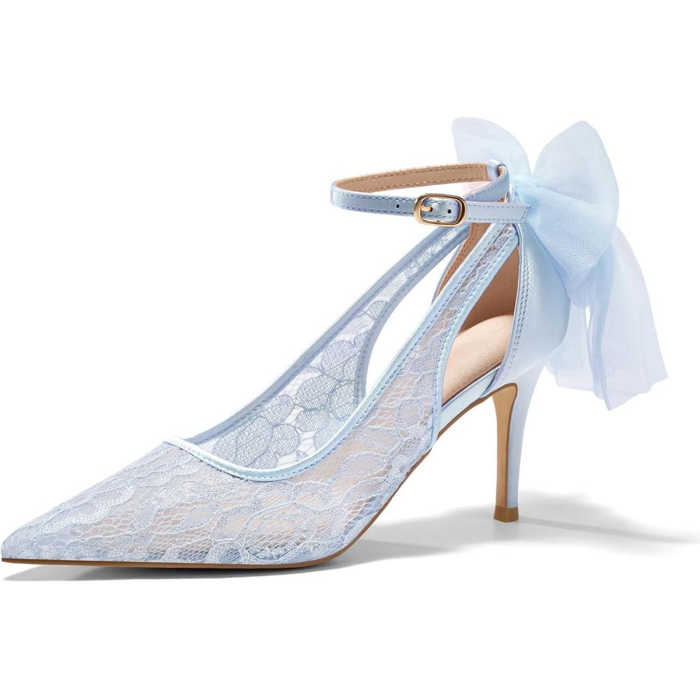 image:imageCoutgo Womens Lace High Heels Closed Pointed Toe Stiletto Pumps Bow Tie Ankle Strap Wedding Party Dress ShoesBlue