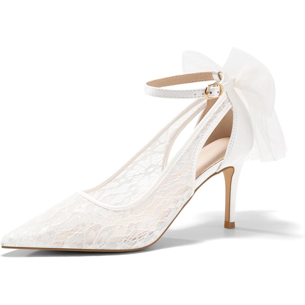 image:imageCoutgo Womens Lace High Heels Closed Pointed Toe Stiletto Pumps Bow Tie Ankle Strap Wedding Party Dress ShoesWhite