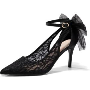 Coutgo Womens Lace High Heels Closed Pointed Toe Stiletto Pumps Bow Tie Ankle Strap Wedding Party Dress Shoes(Black)