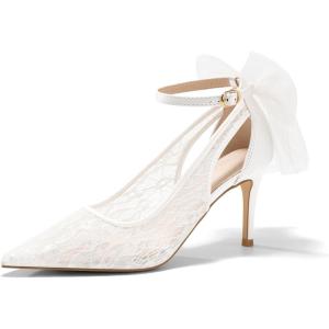 Coutgo Womens Lace High Heels Closed Pointed Toe Stiletto Pumps Bow Tie Ankle Strap Wedding Party Dress Shoes(White)