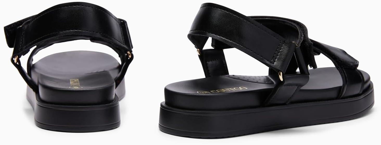 image:imageCoutgo Womens Flat Sandals Arch Support Adjustable Strap Sandals Comfort Walking Summer Beach ShoesBlack Pu