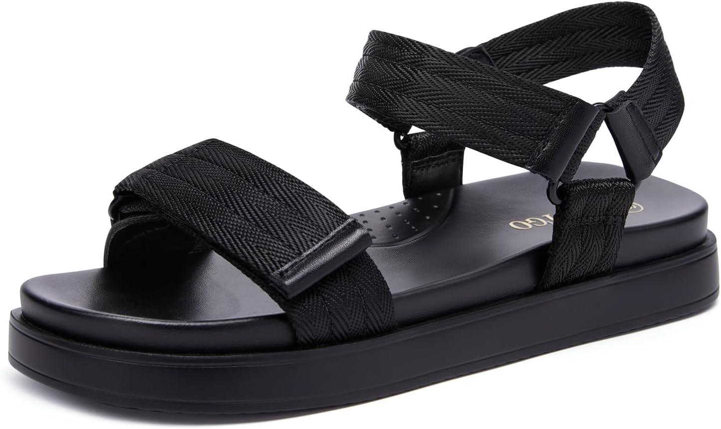 image:imageCoutgo Womens Flat Sandals Arch Support Adjustable Strap Sandals Comfort Walking Summer Beach ShoesBlack Textile