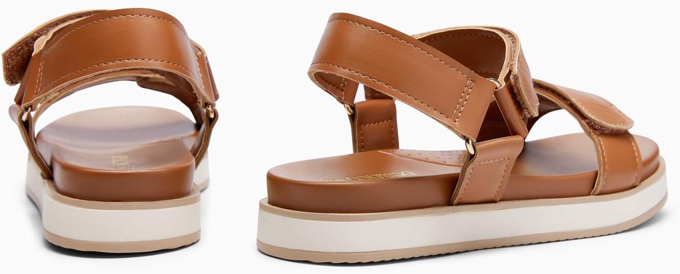 image:imageCoutgo Womens Flat Sandals Arch Support Adjustable Strap Sandals Comfort Walking Summer Beach ShoesBrown Pu