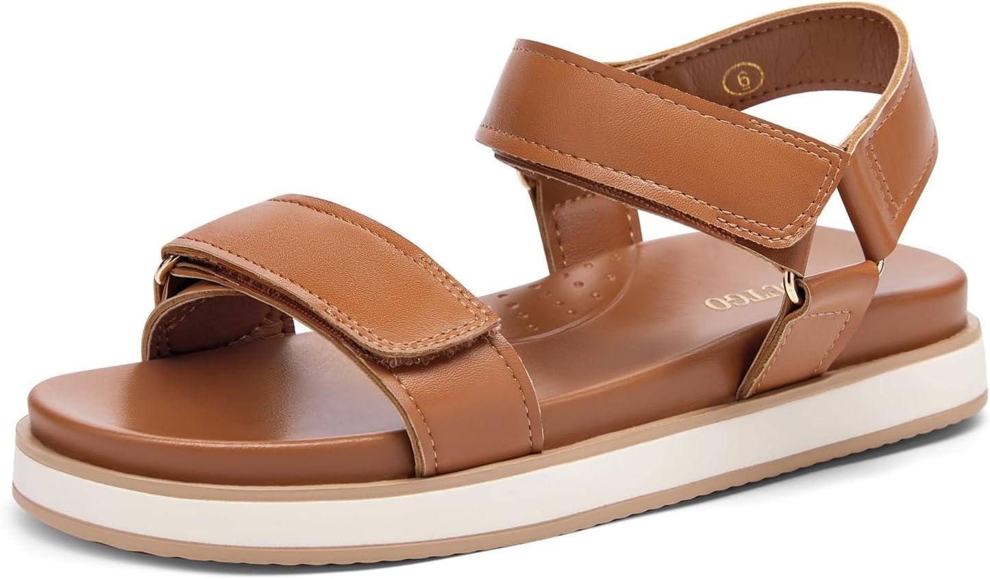 image:imageCoutgo Womens Flat Sandals Arch Support Adjustable Strap Sandals Comfort Walking Summer Beach ShoesBrown Pu