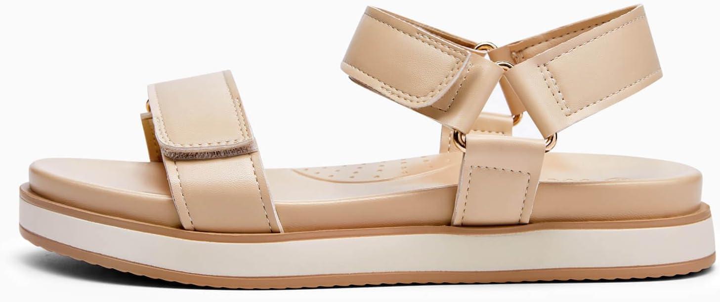 image:imageCoutgo Womens Flat Sandals Arch Support Adjustable Strap Sandals Comfort Walking Summer Beach ShoesNude Pu