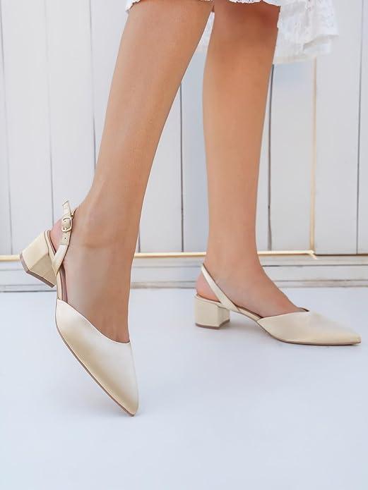 image:imageCoutgo Womens Low Chunky Heels Slingback Closed Pointed Toe Pumps Party Wedding Dress ShoesChampagne Gold1
