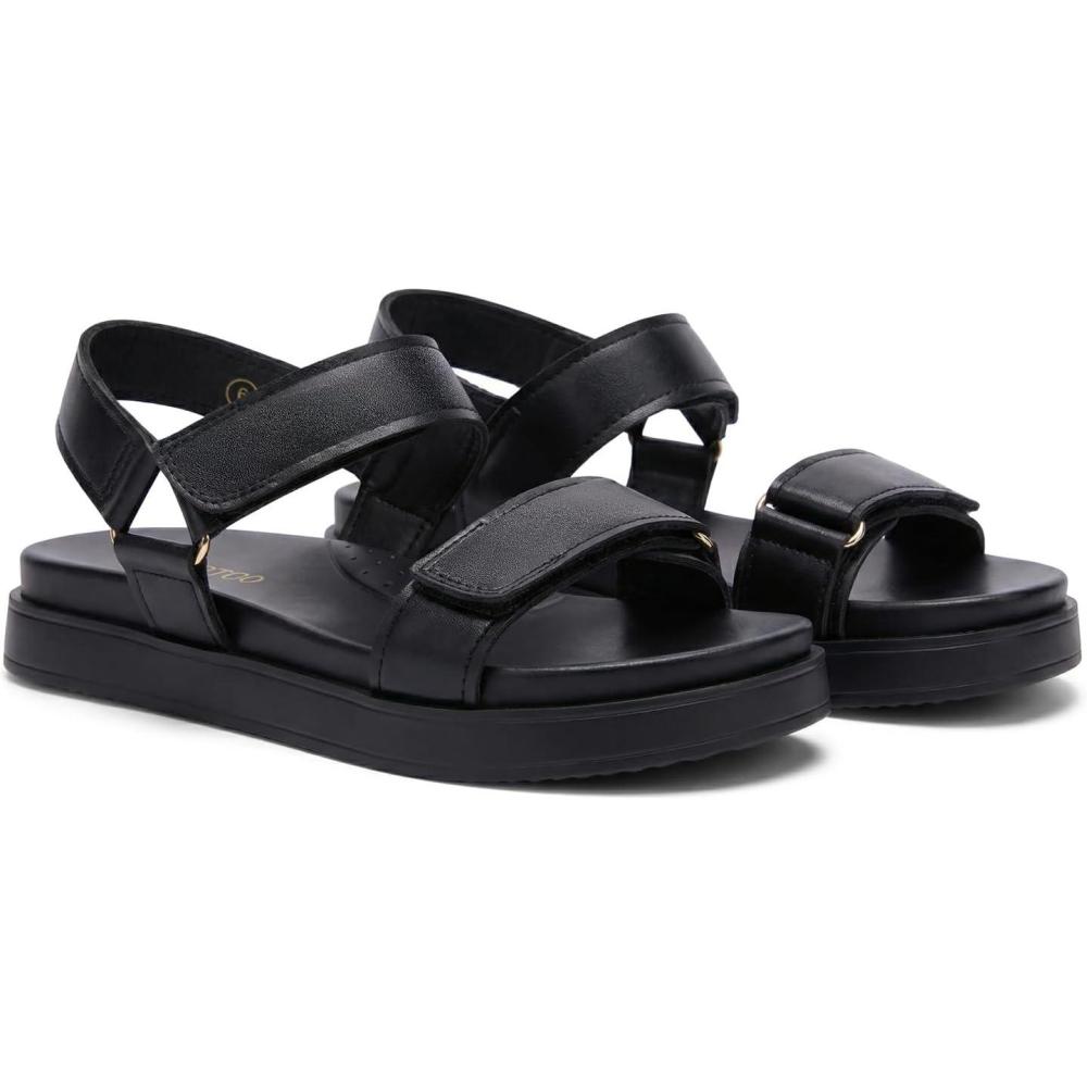 image:imageCoutgo Womens Flat Sandals Arch Support Adjustable Strap Sandals Comfort Walking Summer Beach ShoesBlack Pu