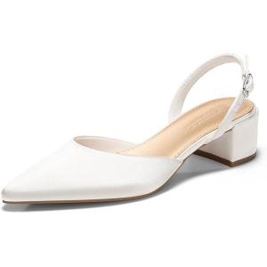 Coutgo Womens Low Chunky Heels Slingback Closed Pointed Toe Pumps Party Wedding Dress Shoes(White-1)