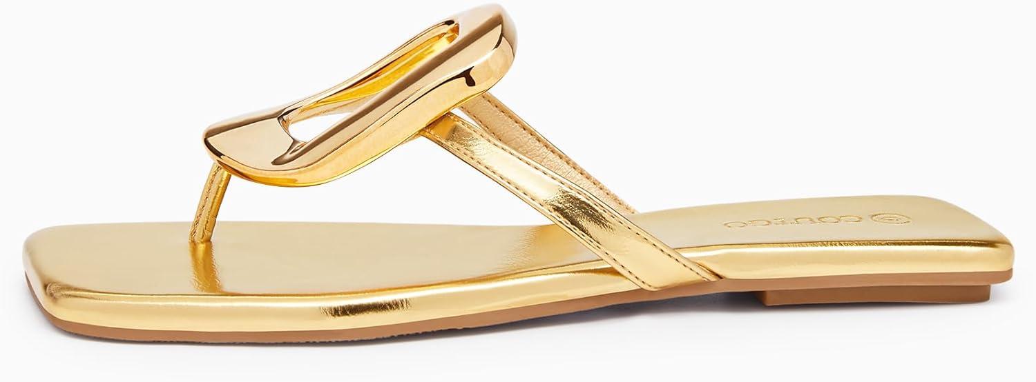 image:imageCoutgo Womens Flat Sandals Comfortable Flip Flops Slide Sandals Summer Beach Shoes with Metal Decoration Gold size 7