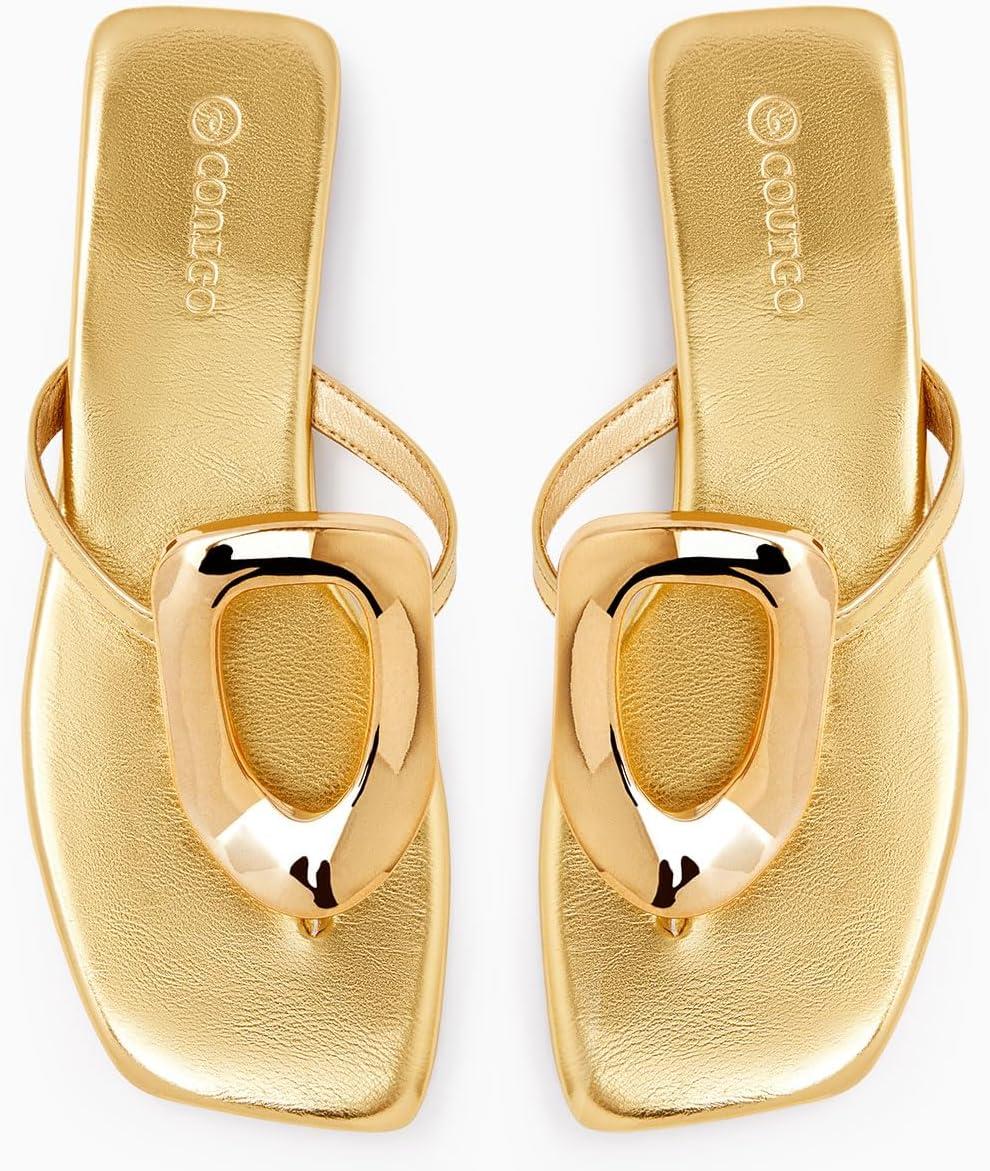 image:imageCoutgo Womens Flat Sandals Comfortable Flip Flops Slide Sandals Summer Beach Shoes with Metal Decoration Gold size 7