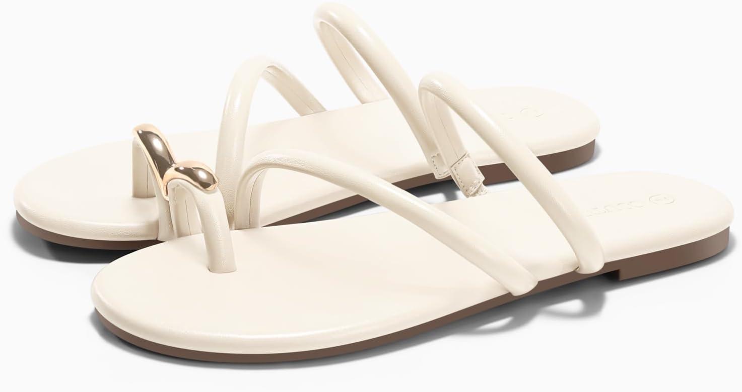 image:imageCoutgo Womens Strappy Flat Sandals Square Open Toe Flip Flops Slides Toe Ring Summer Dress ShoesBeige